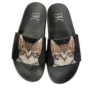 INC International concepts cat rhinestone black pool slides size 6